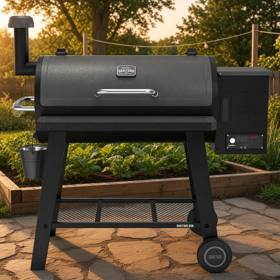 Black Nexgrill Oakford pellet barrel on paving beside a raised vegetable bed, grease bucket hanging, sheets on a line