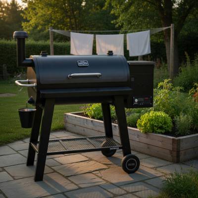 Black Nexgrill Oakford pellet barrel on paving beside a raised vegetable bed, grease bucket hanging, sheets on a line