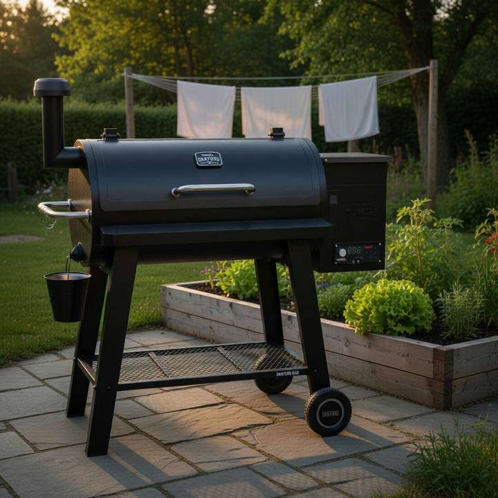 Black Nexgrill Oakford pellet barrel on paving beside a raised vegetable bed, grease bucket hanging, sheets on a line