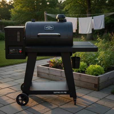 Black Nexgrill Oakford 875 Pro pellet grill on flagstones by a raised vegetable bed, controller lit, evening light