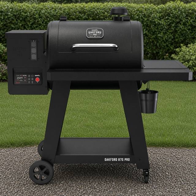 Black Nexgrill Oakford 875 Pro pellet grill on flagstones by a raised vegetable bed, controller lit, evening light