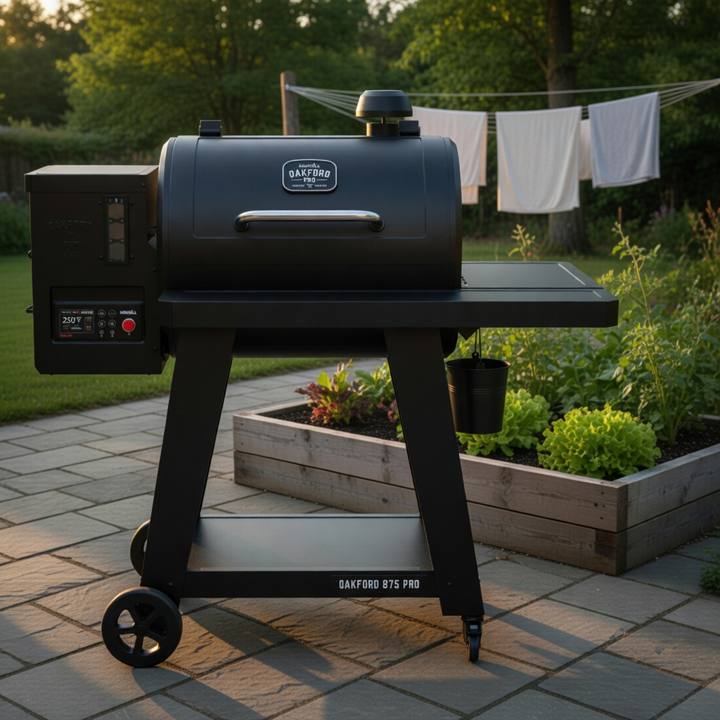 Black Nexgrill Oakford 875 Pro pellet grill on flagstones by a raised vegetable bed, controller lit, evening light