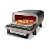 Ninja Artisan outdoor pizza oven with the door open and a pizza resting on the stone