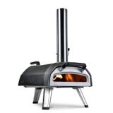 Ooni Karu 2 multi-fuel pizza oven with tall steel chimney, glass door and folding legs, seen from the front