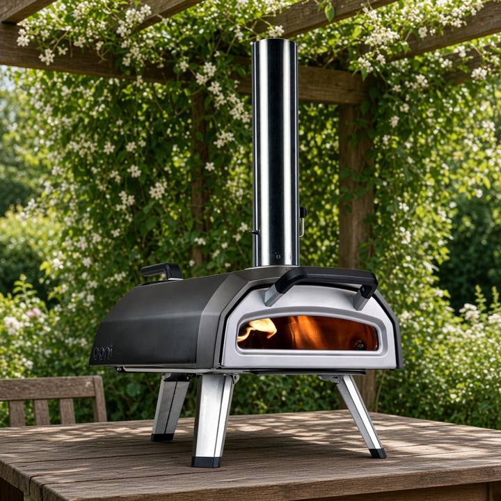 Ooni Karu 2 with its chimney and folding legs on a wooden garden table under a pergola