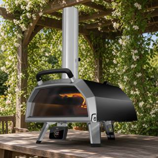 Ooni Karu 2 Pro with chimney and glass door on a wooden table under a pergola