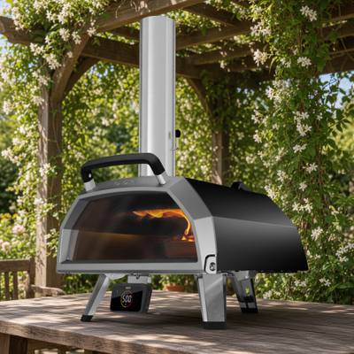 Ooni Karu 2 Pro with chimney and glass door on a wooden table under a pergola