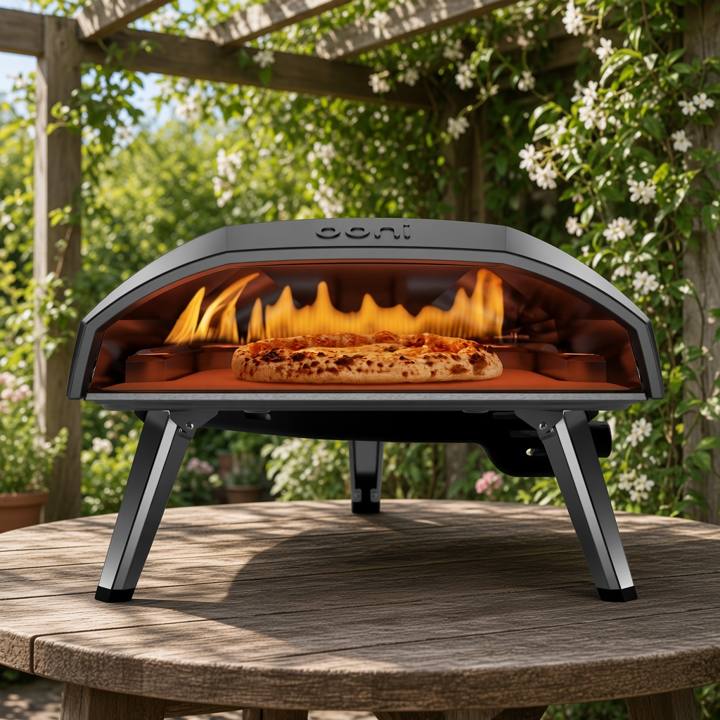 Ooni Koda 16 on a round wooden garden table under a pergola, flame lit with a pizza on the stone