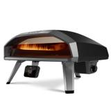 Ooni Koda 2 Pro in black, three-quarter view with the burner lit