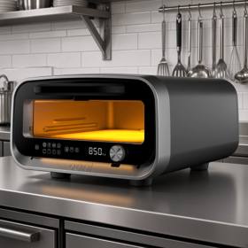 Ooni Volt 2 electric pizza oven on a stainless kitchen bench, interior lit and display showing 850