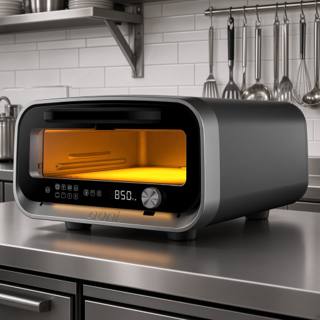 Ooni Volt 2 electric pizza oven on a stainless kitchen bench, interior lit and display showing 850
