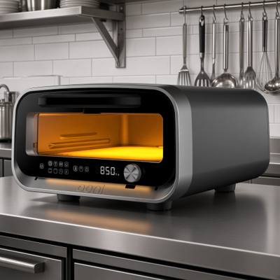 Ooni Volt 2 electric pizza oven on a stainless kitchen bench, interior lit and display showing 850