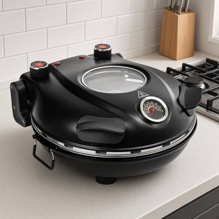 Black Piezano XL 14 inch countertop pizza oven, lid closed, glass window and dial thermometer on top