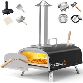 Black Pizzello 16 inch oven with its door off, tall chimney, and the peel, stone, burners and bag laid around it
