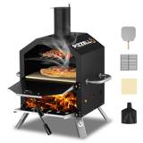 Black Pizzello two-level oven with a wood fire below, a pizza on the stone, and its peel, grate, stone and cover