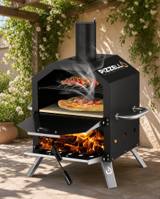 Pizzello two-level wood fired oven on a patio under a flowering pergola, fire burning below the stone
