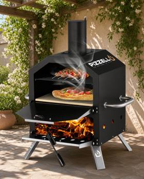 Pizzello two-level wood fired oven on a patio under a flowering pergola, fire burning below the stone