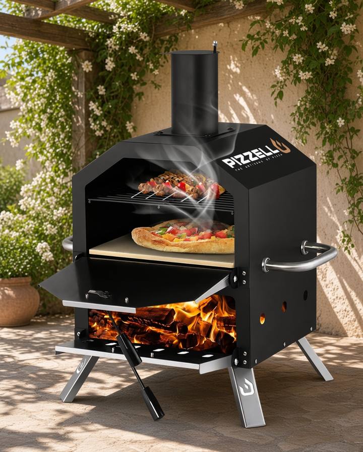 Pizzello two-level wood fired oven on a patio under a flowering pergola, fire burning below the stone