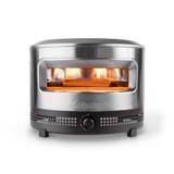 Solo Stove Pi Prime propane pizza oven in brushed stainless steel with the rear flame lit inside