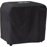 Black Traeger BAC889 cover drawn over a Flatrock 3 Zone griddle, white Traeger logo on the lid, casters showing below