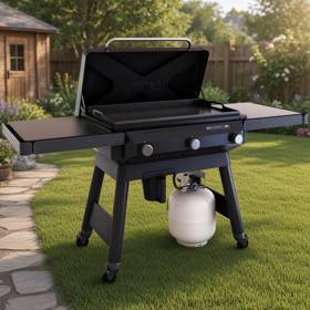 Traeger Flatrock griddle on grass with the lid raised, flat steel cooktop and both fold-out side shelves open