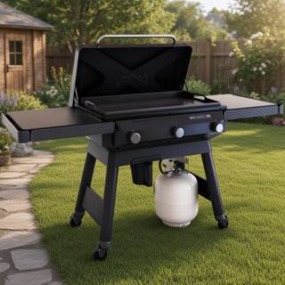 Traeger Flatrock griddle on grass with the lid raised, flat steel cooktop and both fold-out side shelves open