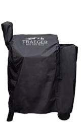 Black Traeger full-length cover on a Pro 22 pellet grill, with a chimney sleeve and white mountain logo