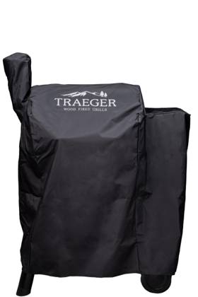 Black Traeger full-length cover on a Pro 22 pellet grill, with a chimney sleeve and white mountain logo