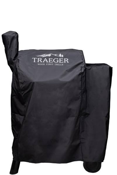 Black Traeger full-length cover on a Pro 22 pellet grill, with a chimney sleeve and white mountain logo