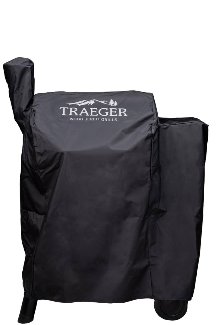 Black Traeger full-length cover on a Pro 22 pellet grill, with a chimney sleeve and white mountain logo