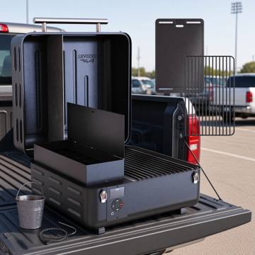 Black Traeger Ranger pellet grill open on a pickup tailgate in a car park, grease bucket and griddle beside it