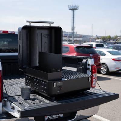 Black Traeger Ranger pellet grill open on a pickup tailgate in a car park, grease bucket and griddle beside it