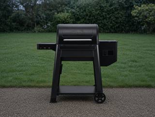 Black Traeger Westwood pellet grill on wet gravel, lid closed, hopper at right, clipped hedge behind
