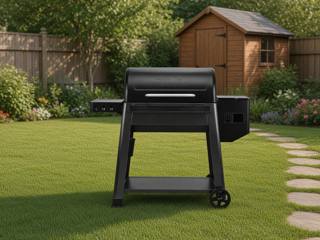 Black Traeger Westwood XL pellet grill on a mown lawn, lid closed, wooden fence and a shed behind