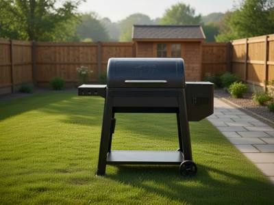 Black Traeger Westwood XL pellet grill on a mown lawn, lid closed, wooden fence and a shed behind