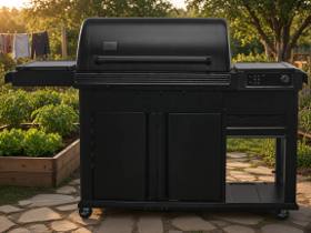 Black Traeger Woodridge Elite pellet grill on a flagstone patio at sunset, side burner left, cabinet doors closed