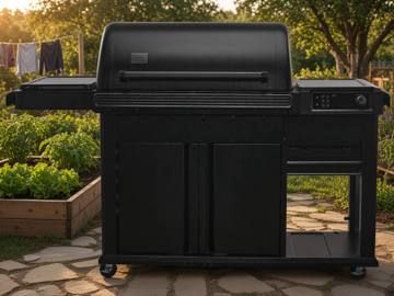 Black Traeger Woodridge Elite pellet grill on a flagstone patio at sunset, side burner left, cabinet doors closed