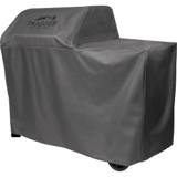 Gray Traeger Woodridge cover seen from the shelf end, showing the raised hood section and the long flat run over the shelf