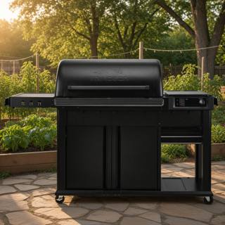 Black Traeger Woodridge Pro Plus pellet grill on flagstones at golden hour, cabinet doors shut, side shelf out