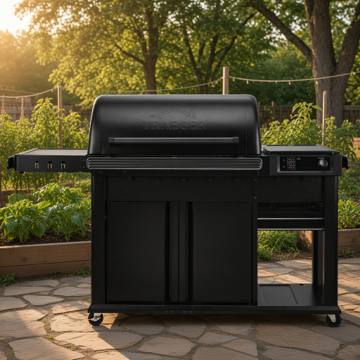 Black Traeger Woodridge Pro Plus pellet grill on flagstones at golden hour, cabinet doors shut, side shelf out