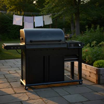 Black Traeger Woodridge Pro Plus pellet grill on flagstones at golden hour, cabinet doors shut, side shelf out