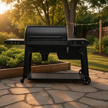 Black Traeger Woodridge Pro pellet grill on a flagstone patio at golden hour, side shelf out, garden bed behind