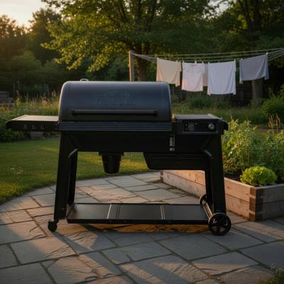 Black Traeger Woodridge Pro pellet grill on a flagstone patio at golden hour, side shelf out, garden bed behind