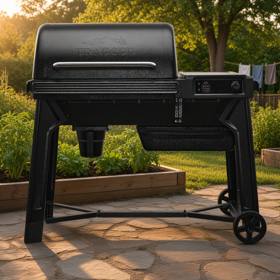 Black Traeger Woodridge pellet grill on a flagstone patio at dusk, lid closed, controller panel and grease keg in view