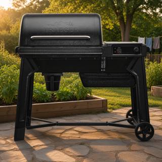 Black Traeger Woodridge pellet grill on a flagstone patio at dusk, lid closed, controller panel and grease keg in view