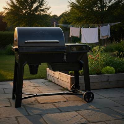 Black Traeger Woodridge pellet grill on a flagstone patio at dusk, lid closed, controller panel and grease keg in view