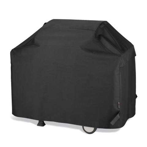 Black Unicook 55 inch cover draped over a cart grill, side strap and wheel showing at the hem