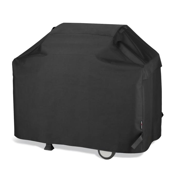 Black Unicook 55 inch cover draped over a cart grill, side strap and wheel showing at the hem