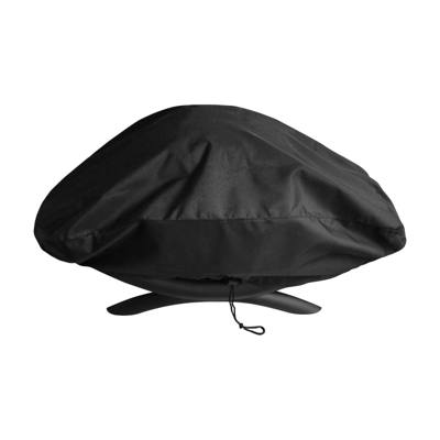 Black Unicook bonnet cover fitted over a Weber Q portable grill, drawstring cord hanging at the front hem