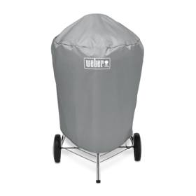 Gray Weber 7176 cover fitted over a 22 inch kettle, legs and wheels showing below the hem